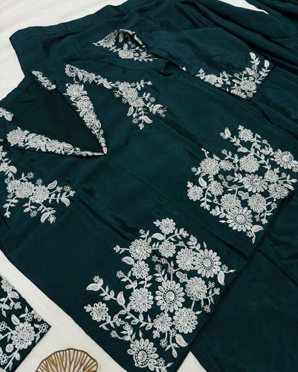 Designer Ready-to-Wear Drape Chinnon Silk Saree with Embroidered Jacket Blouse