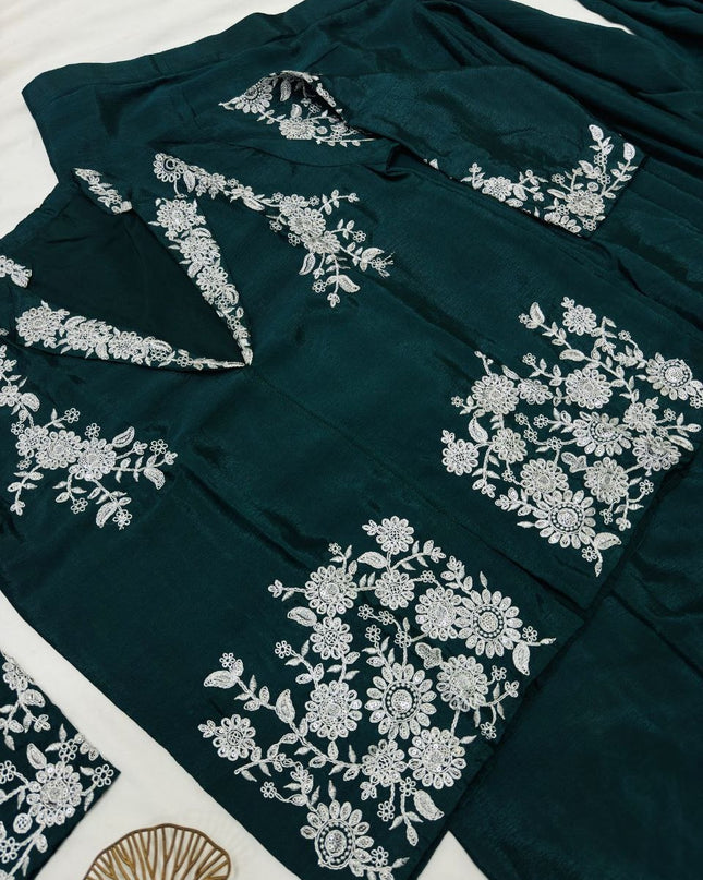 Designer Ready-to-Wear Drape Chinnon Silk Saree with Embroidered Jacket Blouse