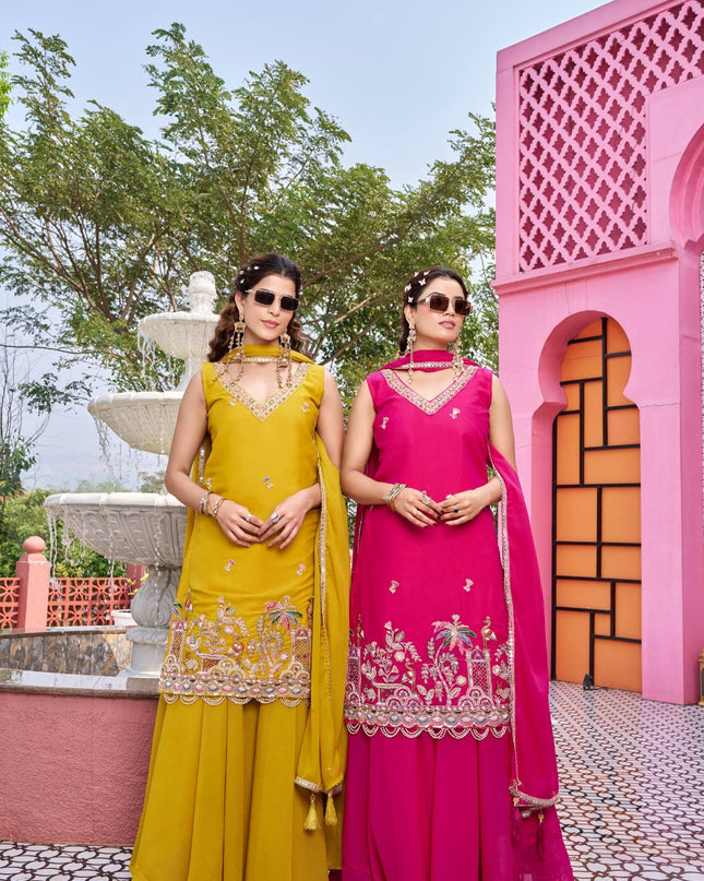 Pure Star Georgette Kurti Palazzo Set with Moti Beads & Sequin Embroidery | Designer