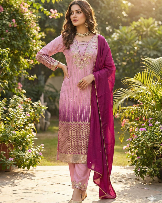 Embroidered Chinon Suit Set with Sequence Work - 3 Piece