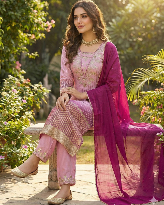 Embroidered Chinon Suit Set with Sequence Work - 3 Piece