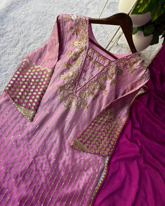 Embroidered Chinon Suit Set with Sequence Work - 3 Piece