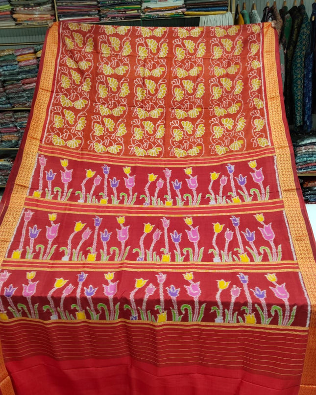 Brick Red Contemporary Floral Odisha Handloom Silk Saree with Lotus Pallu