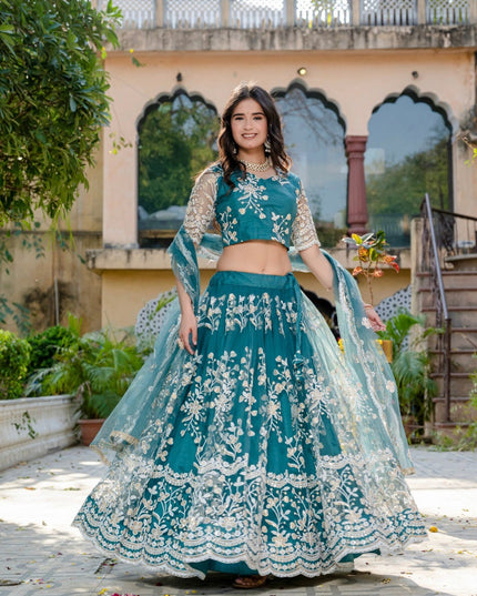 Elegant Soft Net Lehenga With Sequins And Thread Embroidery | Festive and Wedding Wear