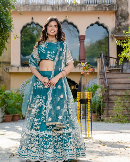 Elegant Soft Net Lehenga With Sequins And Thread Embroidery | Festive and Wedding Wear