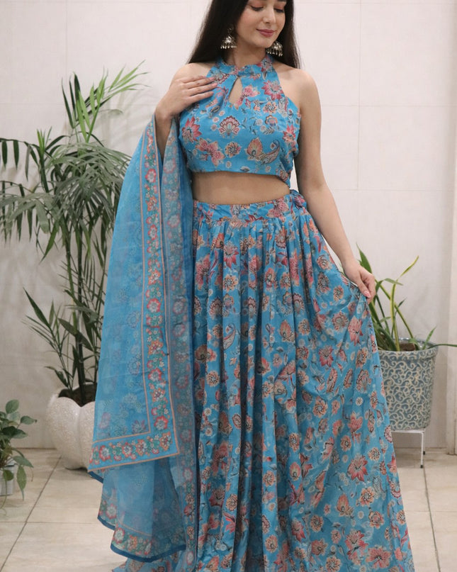Floral Printed Lehenga Set | Halter Neck Blouse, Fully Stitched