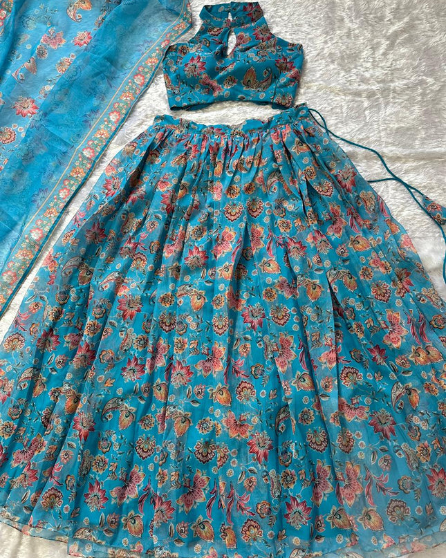 Floral Printed Lehenga Set | Halter Neck Blouse, Fully Stitched