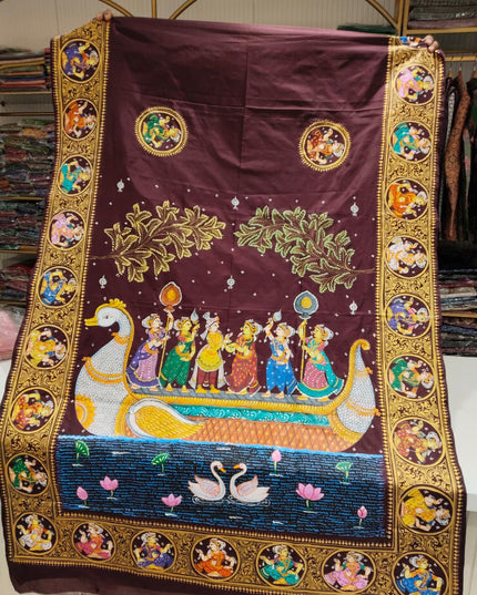 Pure Silk Maroon Boita Bandana Hand-Painted Pattachitra Saree