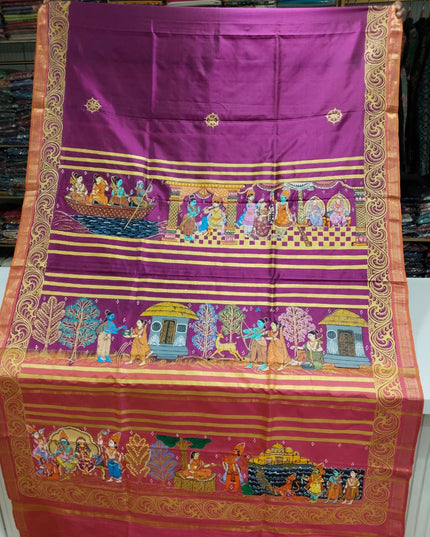 Kanjivaram Silk Wine Ramayan Hand-Painted Pattachitra Saree