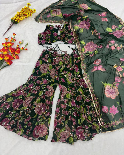 Premium Taby Silk Printed Sequins Palazzo Set with Blouse and Dupatta