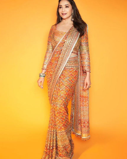 Premium Chinon Silk Saree With Beautiful Print And Mirror Work All Over With Lace On Pallu