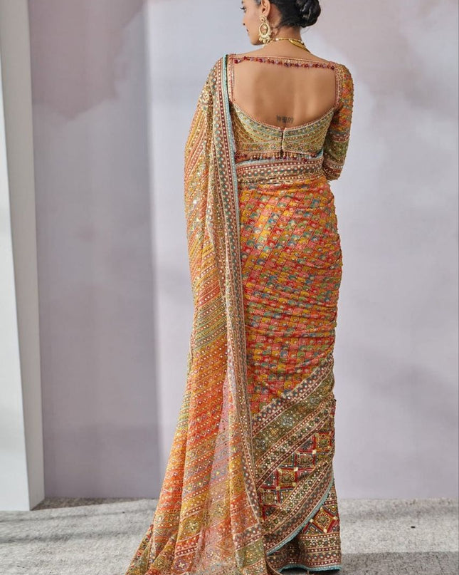 Premium Chinon Silk Saree With Beautiful Print And Mirror Work All Over With Lace On Pallu