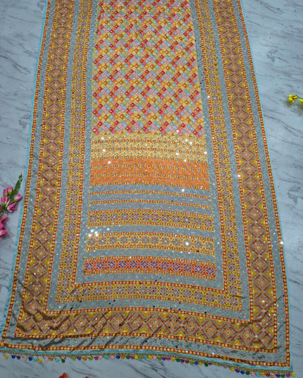 Premium Chinon Silk Saree With Beautiful Print And Mirror Work All Over With Lace On Pallu