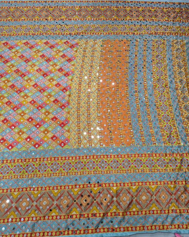 Premium Chinon Silk Saree With Beautiful Print And Mirror Work All Over With Lace On Pallu