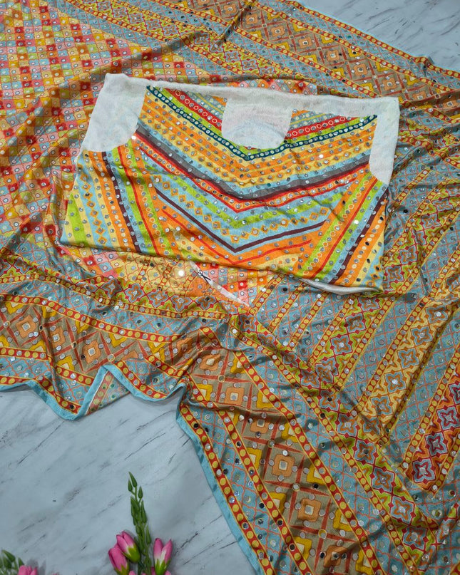 Premium Chinon Silk Saree With Beautiful Print And Mirror Work All Over With Lace On Pallu