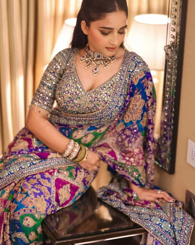 Premium Chinon Silk Printed Saree with Mirror Work