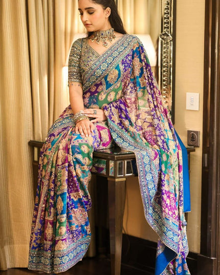 Premium Chinon Silk Printed Saree with Mirror Work