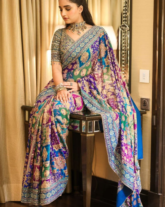Premium Chinon Silk Printed Saree with Mirror Work