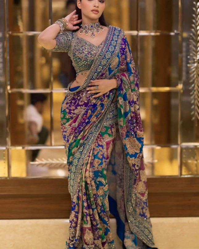 Premium Chinon Silk Printed Saree with Mirror Work