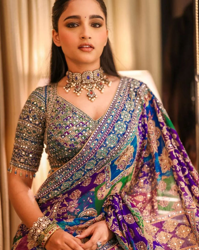 Premium Chinon Silk Printed Saree with Mirror Work