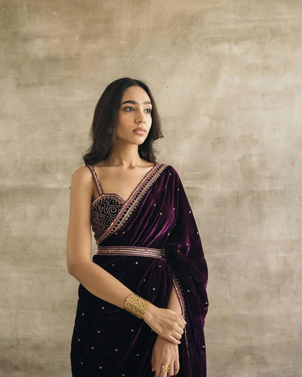 Gorgeous Velvet Saree with Sequins, Dori & Thread Work