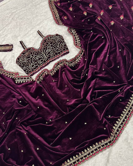 Gorgeous Velvet Saree with Sequins, Dori & Thread Work