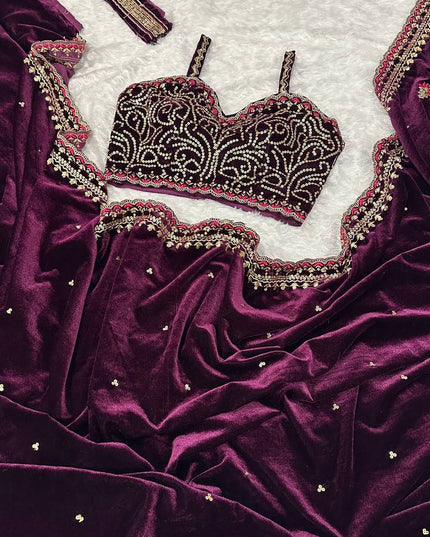 Gorgeous Velvet Saree with Sequins, Dori & Thread Work