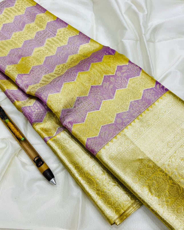 Kanchipuram Handloom Pure Silk Unique Tissue 3 Card Bridal Silk Mark Certified Saree