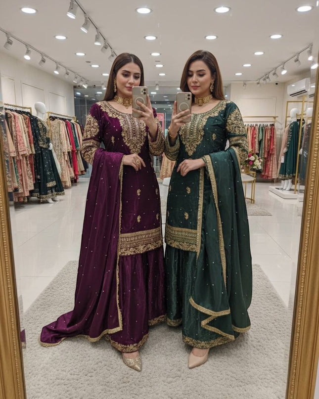 Designer Party Wear Pure GMY Silk Top Palazzo & Dupatta Set