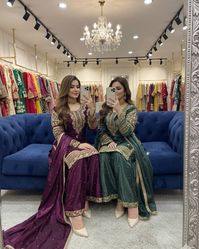 Designer Party Wear Pure GMY Silk Top Palazzo & Dupatta Set