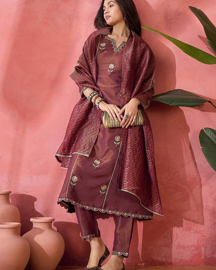 Embroidered PV Simmer Kurti Set with Jacquard Dupatta