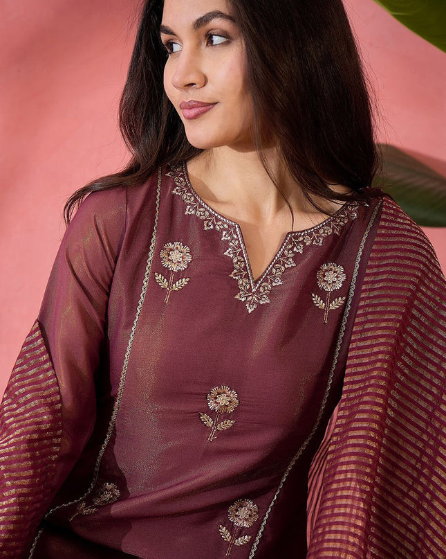 Embroidered PV Simmer Kurti Set with Jacquard Dupatta