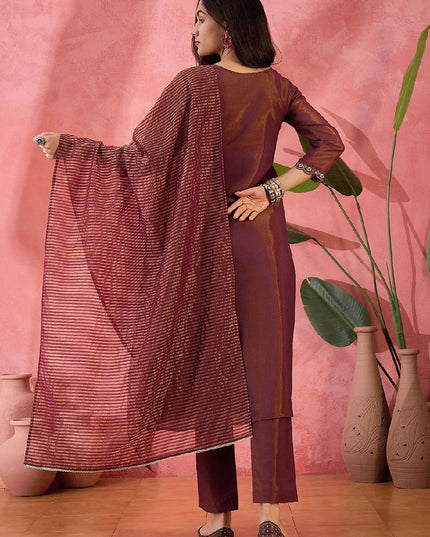 Embroidered PV Simmer Kurti Set with Jacquard Dupatta