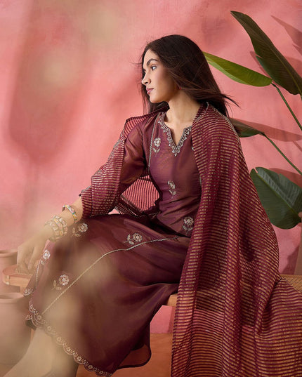 Embroidered PV Simmer Kurti Set with Jacquard Dupatta