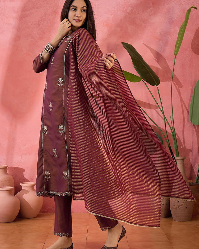 Embroidered PV Simmer Kurti Set with Jacquard Dupatta
