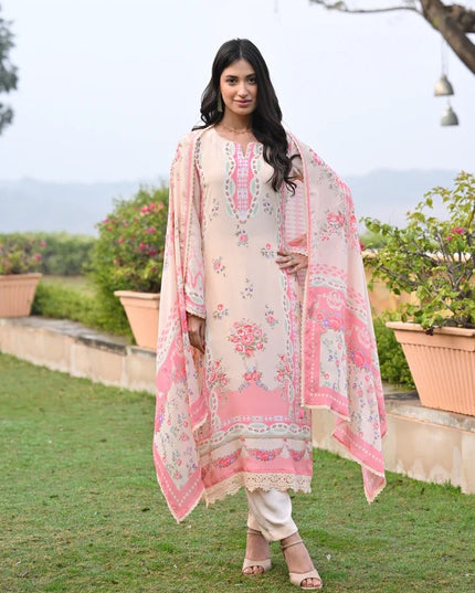 Floral salwar suit with a pink dupatta