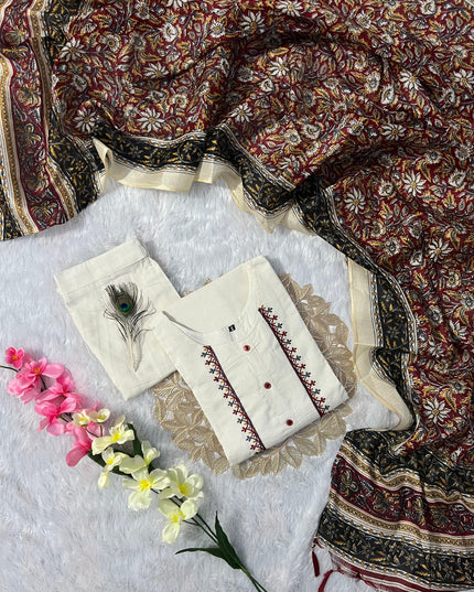 Khadi Cotton Designer Kurti Pant Dupatta Set with Embroidery Work