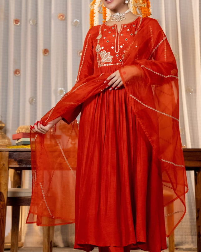 Anarkali Gown 3 Piece Pure Viscose Chanderi Silk with Embroidery Sequence Work