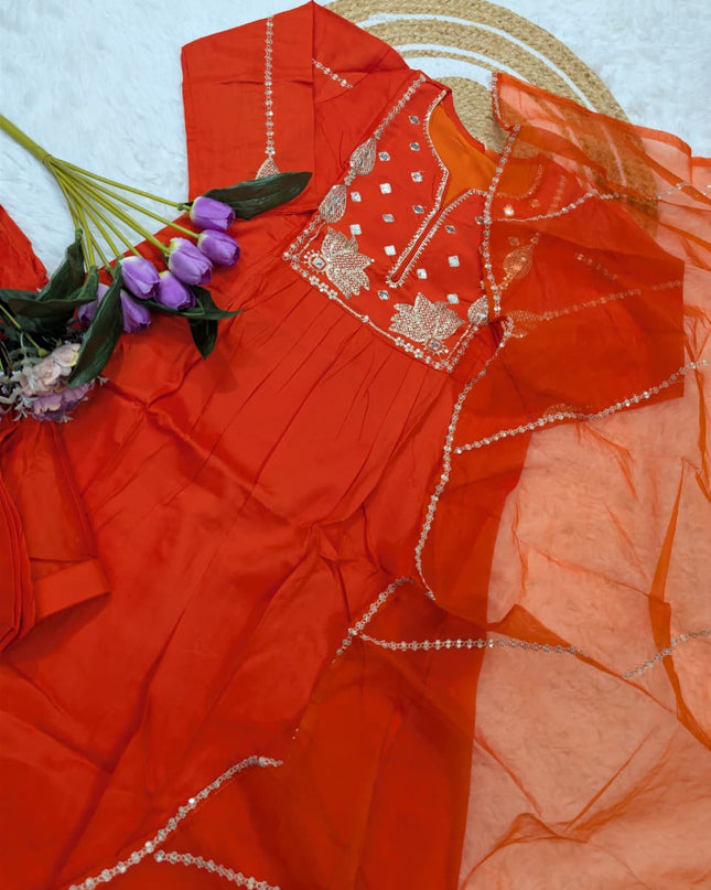 Anarkali Gown 3 Piece Pure Viscose Chanderi Silk with Embroidery Sequence Work