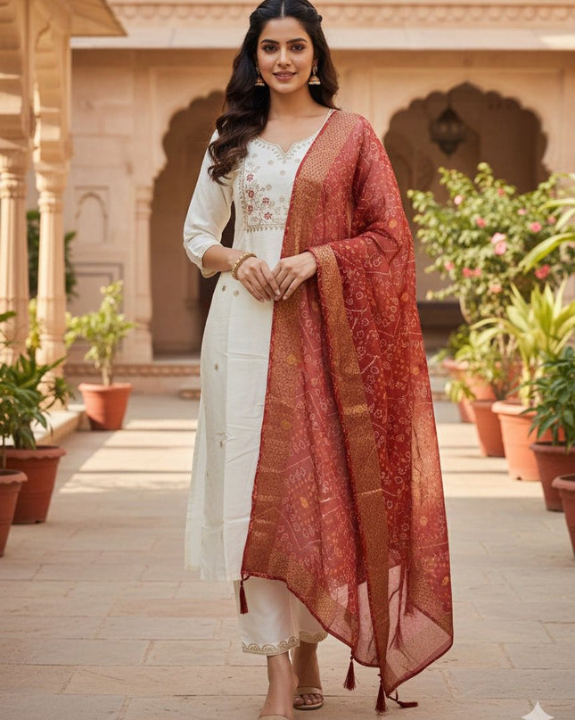 Designer Kurti Pant Dupatta Set with Embroidery Sequence Work | Cream White