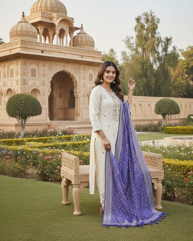 Graceful Banarasi Bandhej Suit Set | Banana Silk Kurti Pant Dupatta