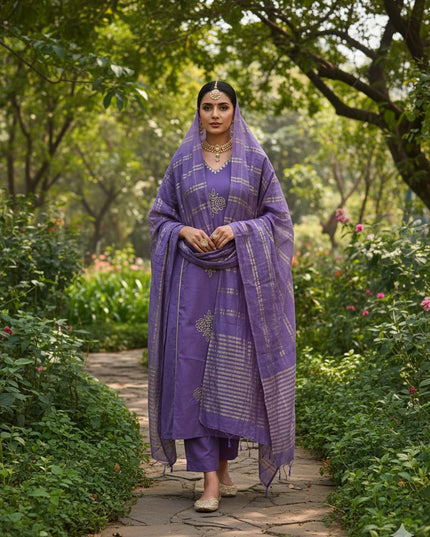 Purple Premium Mul Chanderi Kurti Pant Dupatta Set with Full Embroidery Work