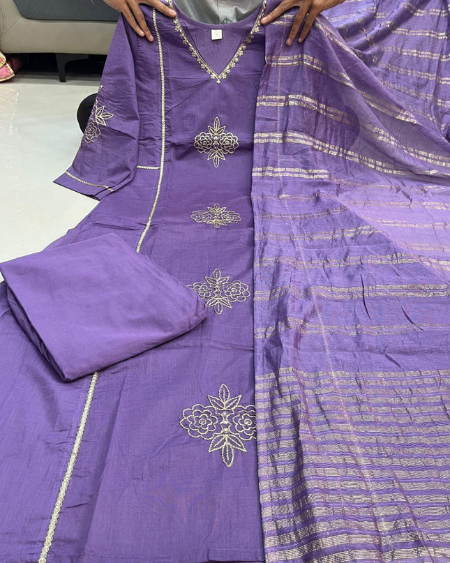 Premium Mul Chanderi Kurti Pant Dupatta Set with Full Embroidery Work