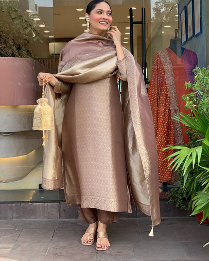 Banarasi 3 Piece Kurti Set with Jacquard Weaving and Full Handwork Neck