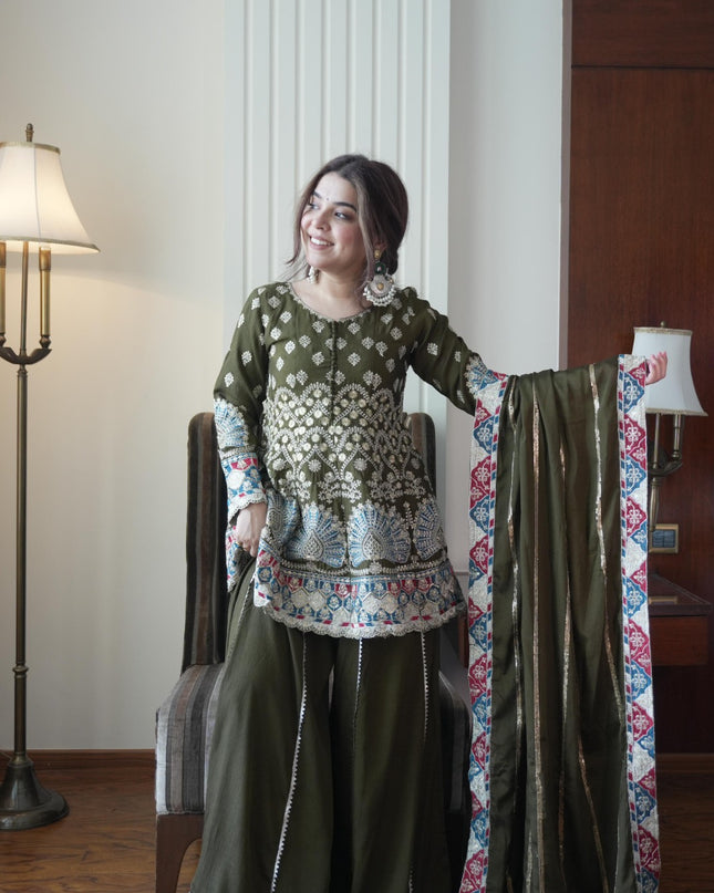 Green Designer Palazzo Pair | Chinon Silk with Embroidery Sequence Work | 3 Piece Set