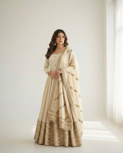 Chinon Silk Anarkali Gown With Sequence Embroidery & Dupatta