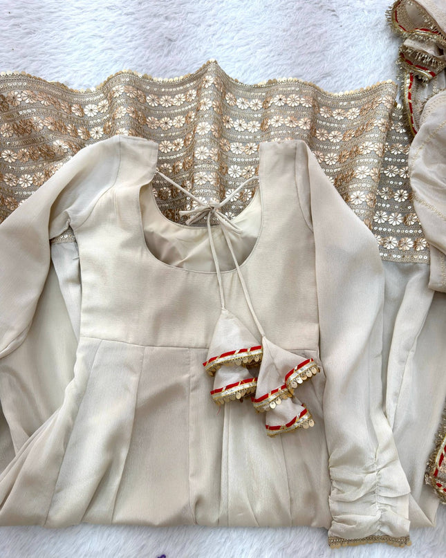 Chinon Silk Anarkali Gown With Sequence Embroidery & Dupatta