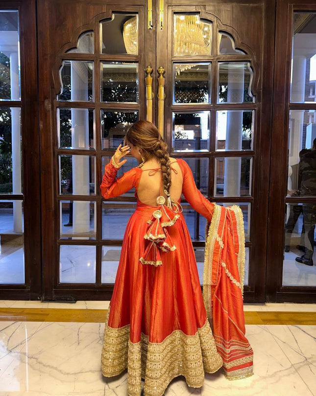 Rust Chinon Silk Anarkali Gown With Sequence Embroidery & Dupatta