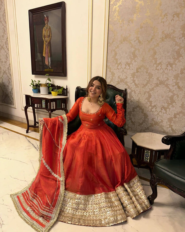 Rust Chinon Silk Anarkali Gown With Sequence Embroidery & Dupatta