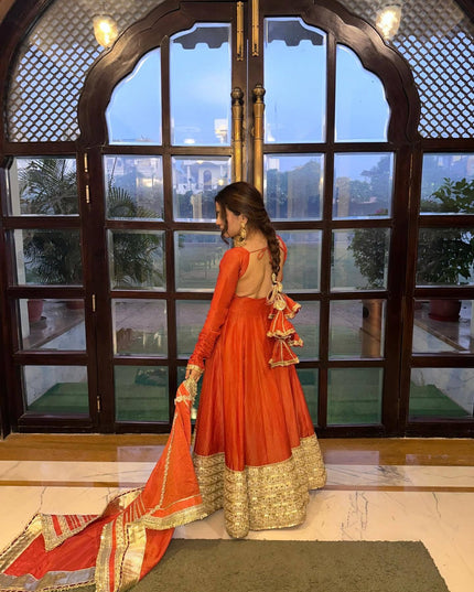 Rust Chinon Silk Anarkali Gown With Sequence Embroidery & Dupatta